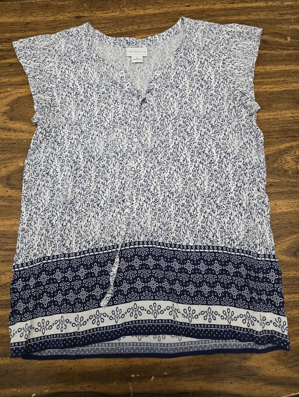 Blue and White Printed Cap-Sleeve Blouse